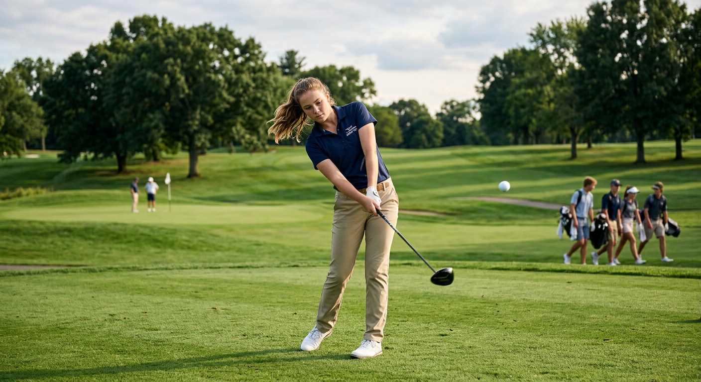 College golfer hitting a drive on a sunny golf course